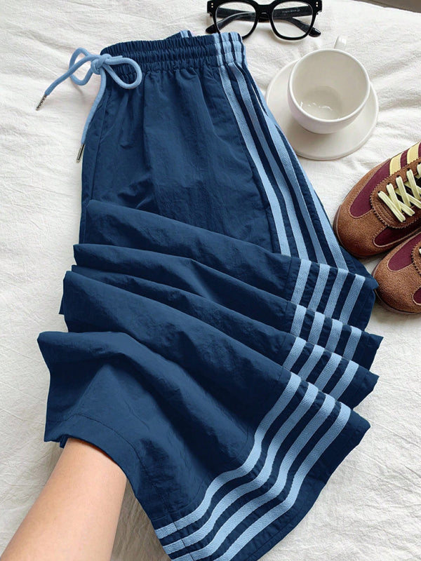 Side stripe elastic waist casual trousers